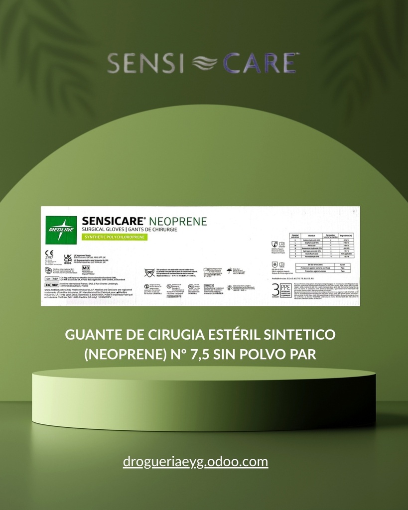 GUANTE DE CIRUGIA ESTÉRIL SINTETICO (NEOPRENE) Nº 7,5  SIN POLVO PAR - SENSI CARE