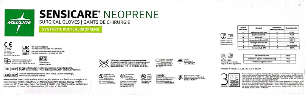 GUANTE DE CIRUGIA ESTÉRIL SINTETICO (NEOPRENE) Nº 7,5  SIN POLVO PAR - SENSI CARE