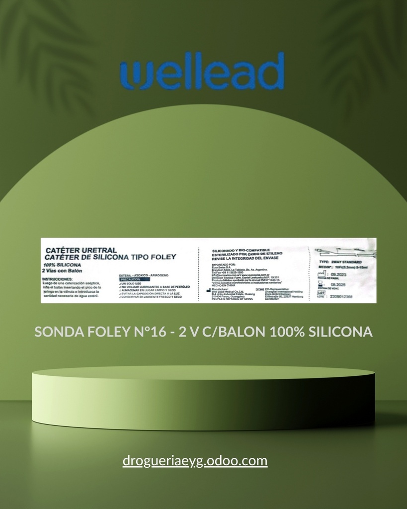 SONDA FOLEY N°16 - 2 V  C/BALON 100% SILICONA - WELL LEAD 