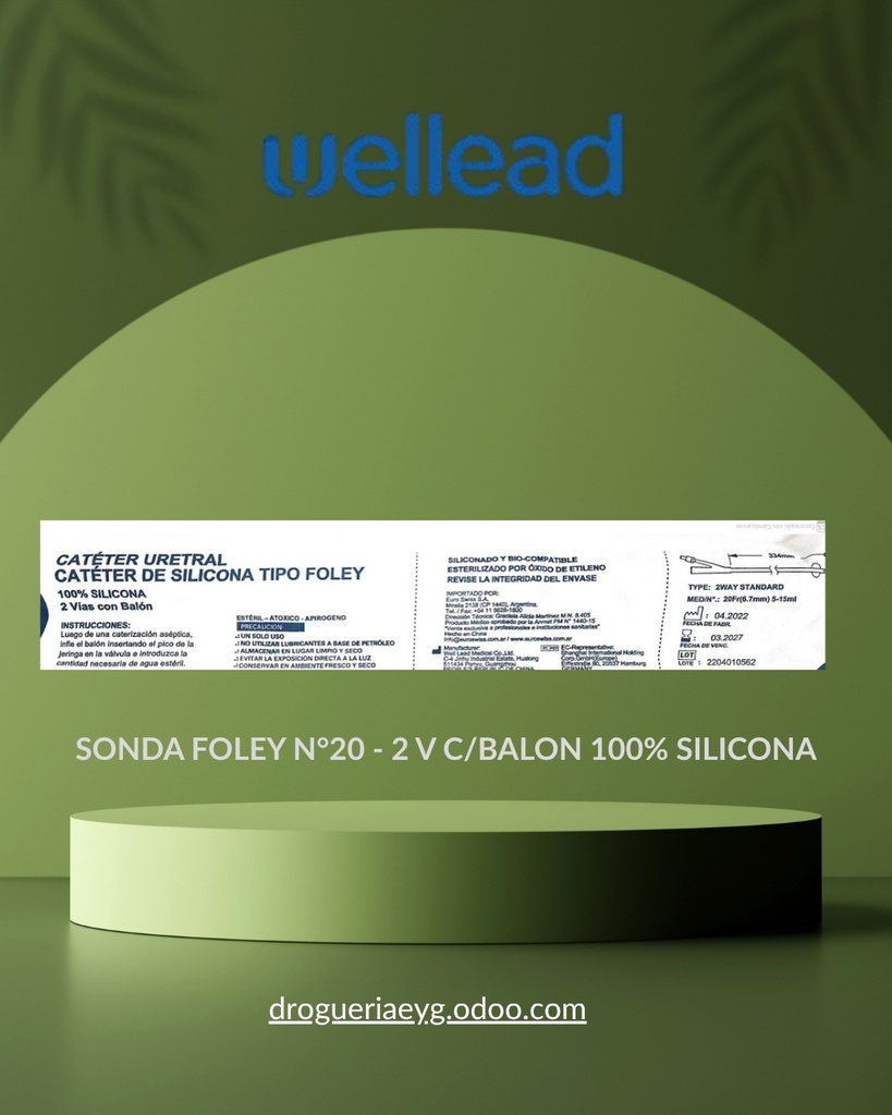SONDA FOLEY N°20 - 2 V C/BALON 100% SILICONA 