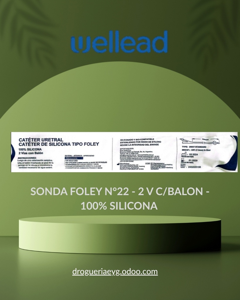 SONDA FOLEY N°22 - 2 V C/BALON - 100% SILICONA - WELL LEAD 