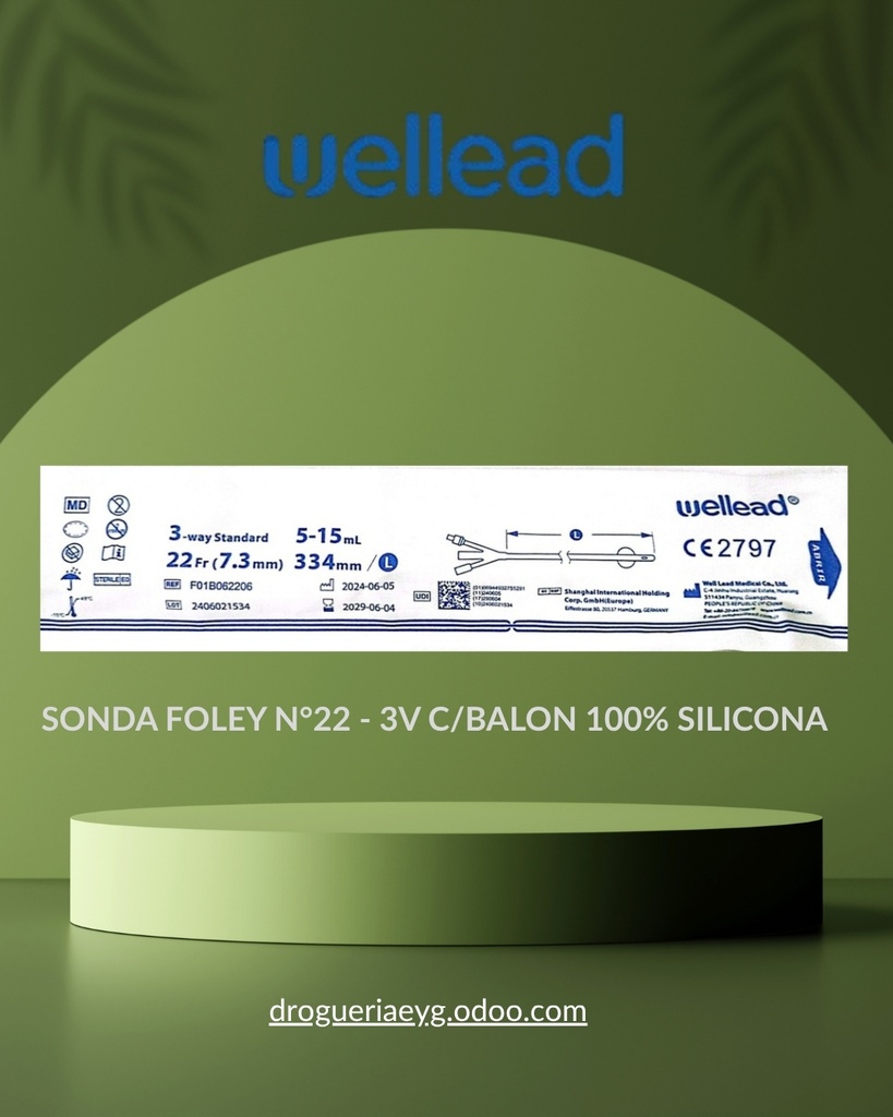 SONDA FOLEY N°22 - 3V  C/BALON 100% SILICONA - WELL LEAD 
