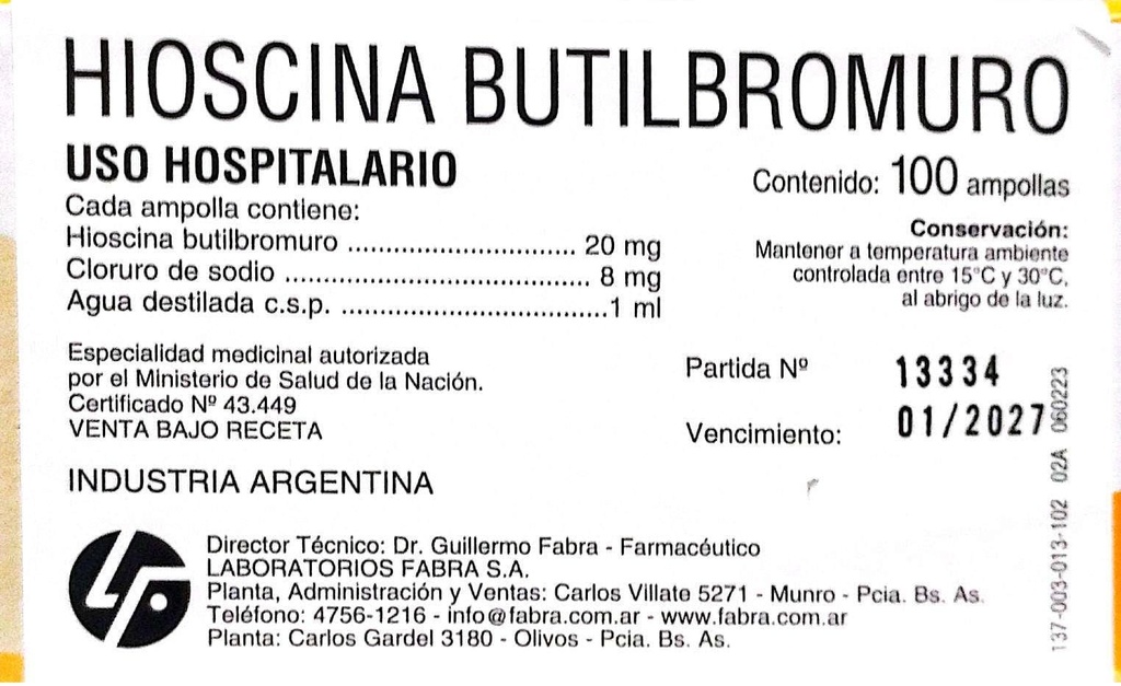 HIOSCINA BUTILBROMURO AMP 20MG X 1ML - FABRA 