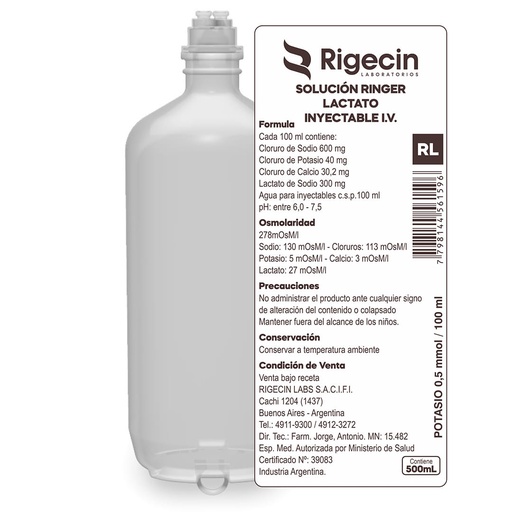 [AB60966] SOLUC. RINGER LACTATO RIGECIN - sach. x 500 ml x 12 - Rigecin