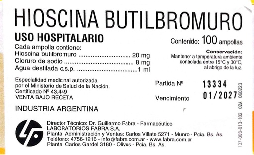 [12971] HIOSCINA BUTILBROMURO AMP 20MG X 1ML - FABRA 